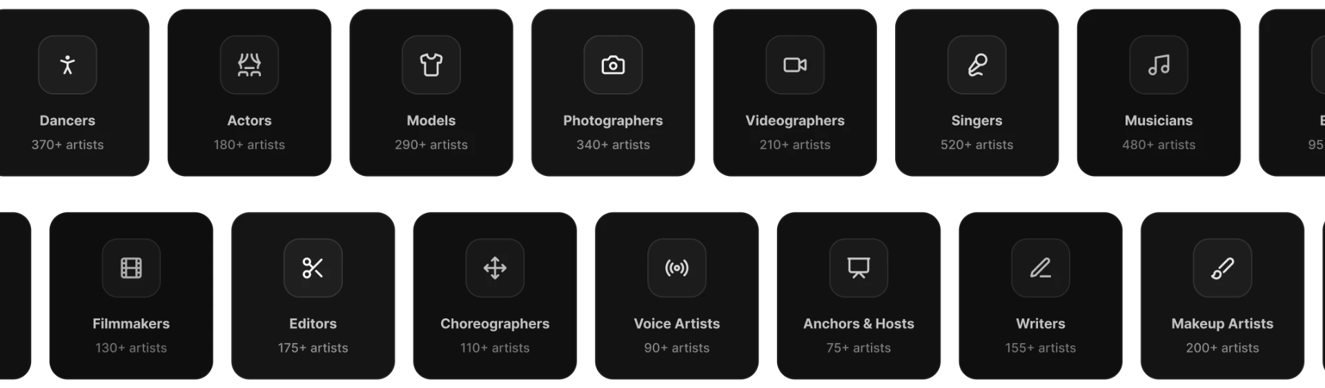 Artist category grid on the Sekeron landing page