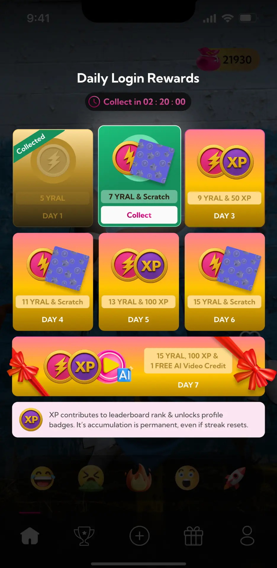 Daily Login Rewards calendar with today’s reward highlighted