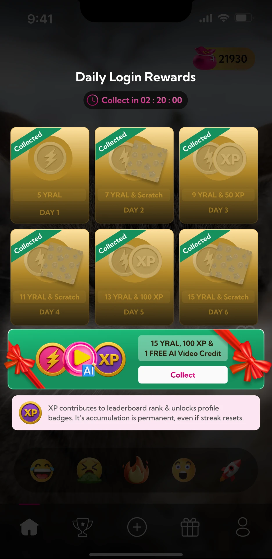 Reward calendar showing collected, available and upcoming states