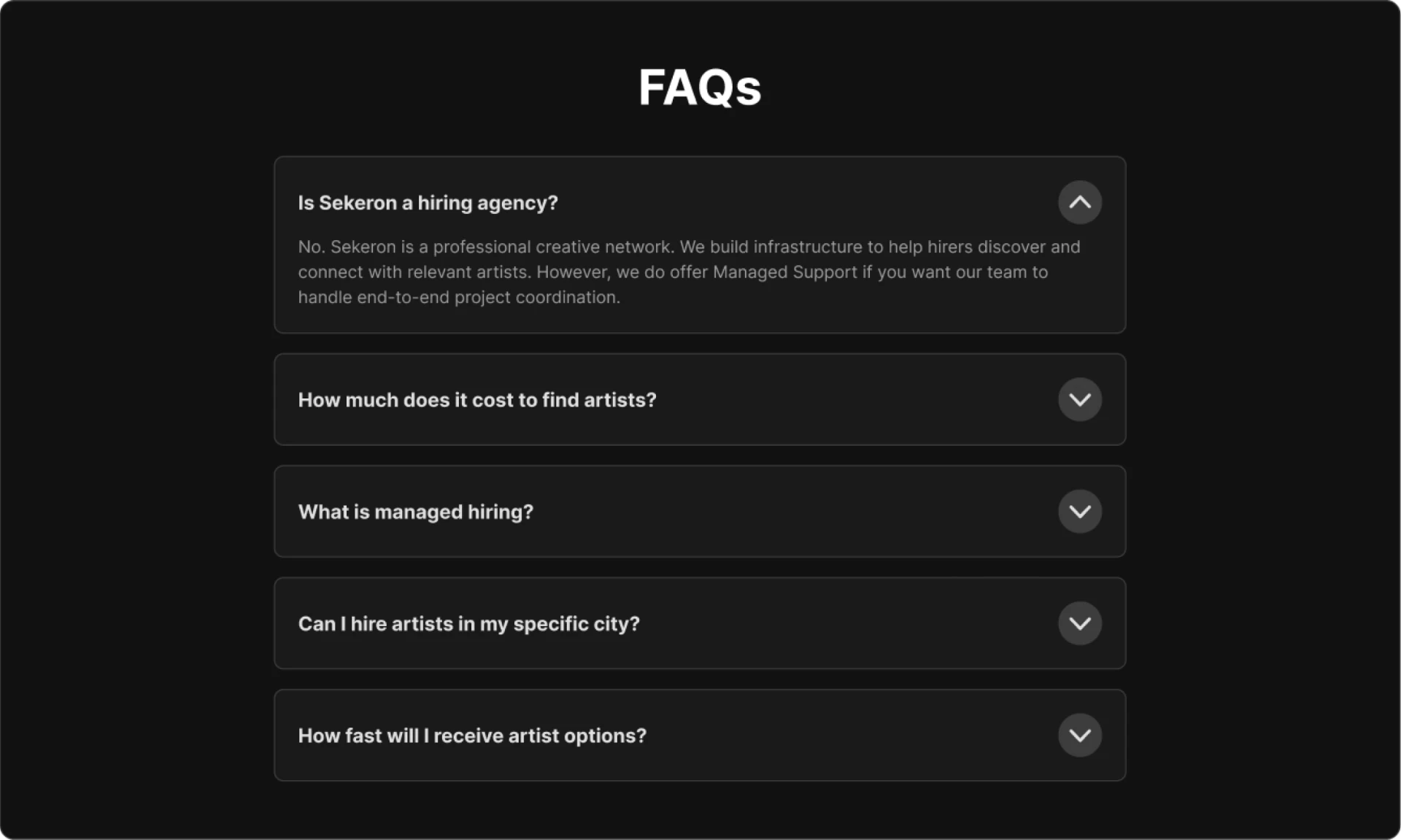 FAQs section of the Sekeron landing page