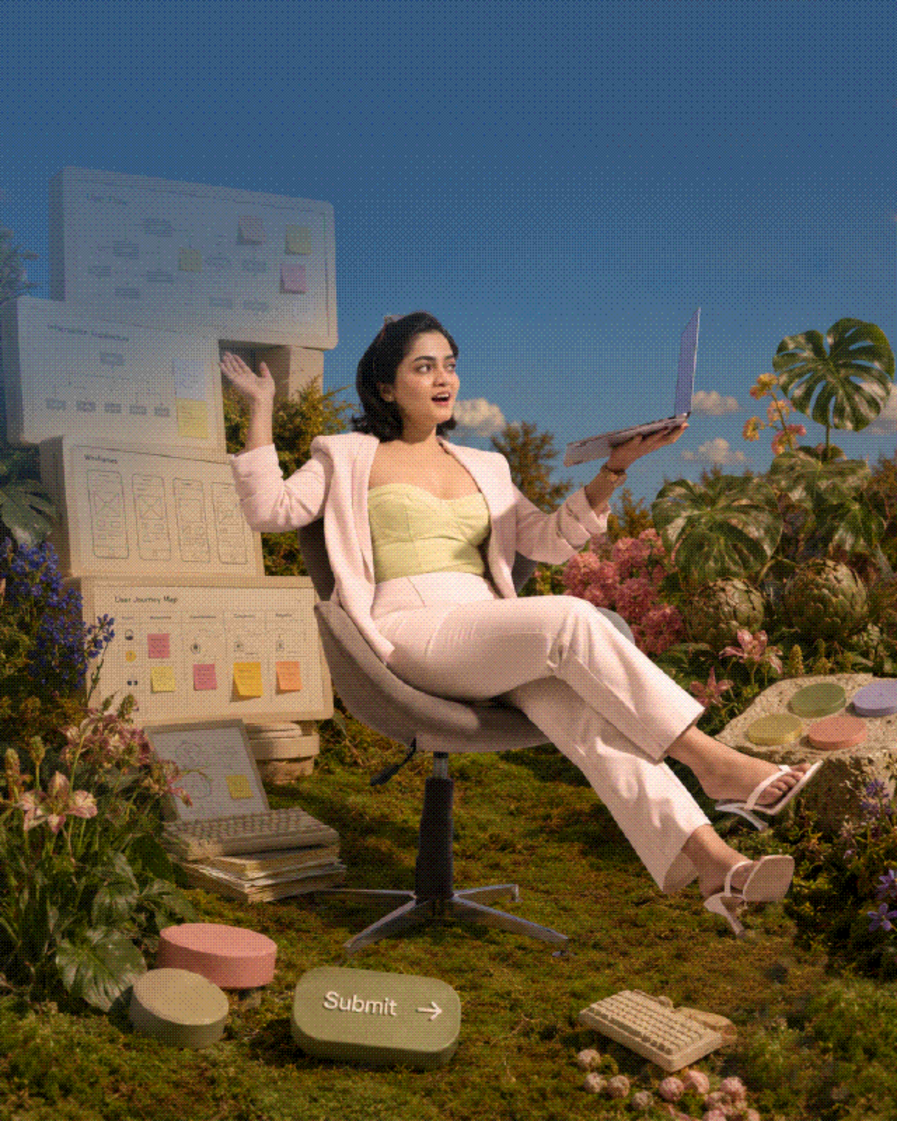 Gunjan seated in a surreal collage garden surrounded by design boards, wireframes and information architecture sketches.
